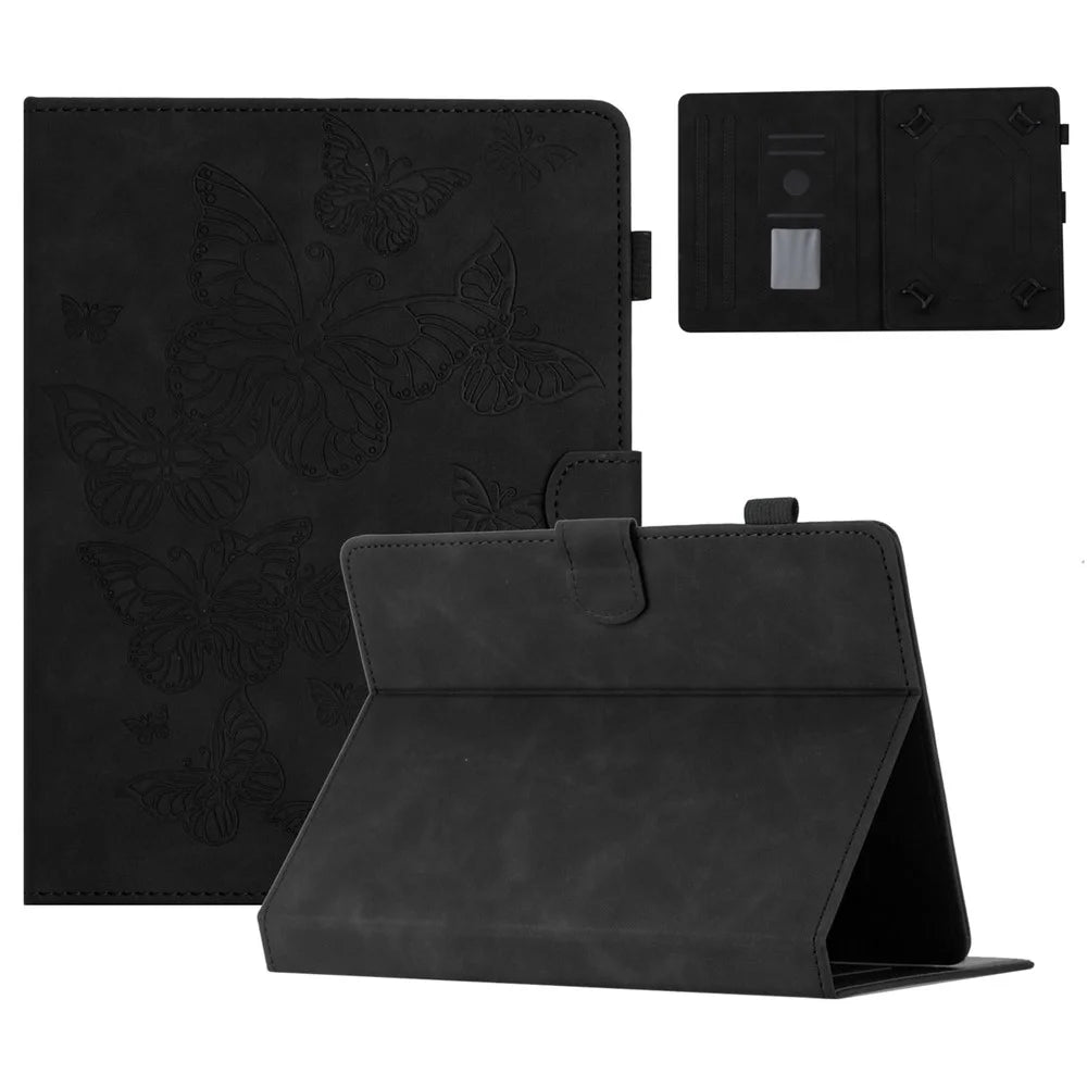 Butterfly Imprinted Stand Case for 10-inch Tablet, Card Holder PU Leather Tablet Cover - Black - 1