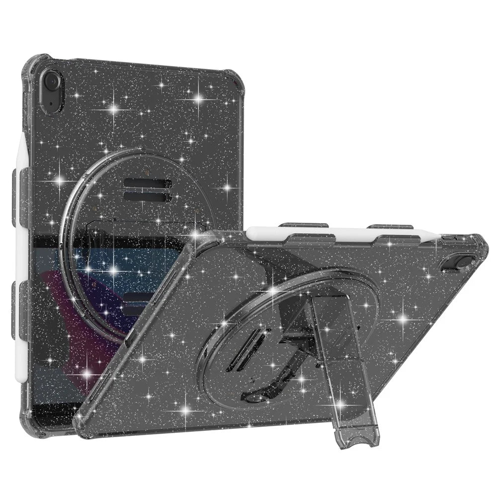 For iPad (2025) / 10.9 (2022) Kickstand Glitter Case Shockproof Hard PC Soft TPU Tablet Cover - Sparkly Black - 1