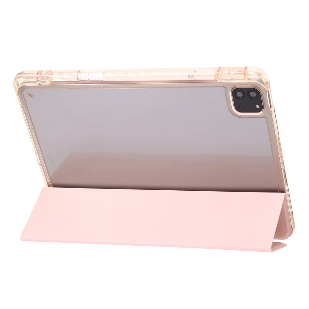 For iPad Pro 12.9-inch (2018) / (2020) / (2021) / (2022) Trifold Stand Tablet Case PU Leather + Clear Acrylic Shell - Pink - 4