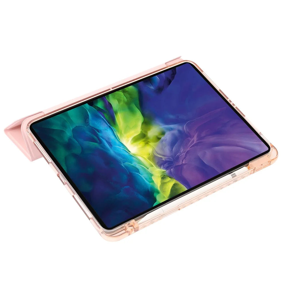 For iPad Pro 12.9-inch (2018) / (2020) / (2021) / (2022) Trifold Stand Tablet Case PU Leather + Clear Acrylic Shell - Pink - 5