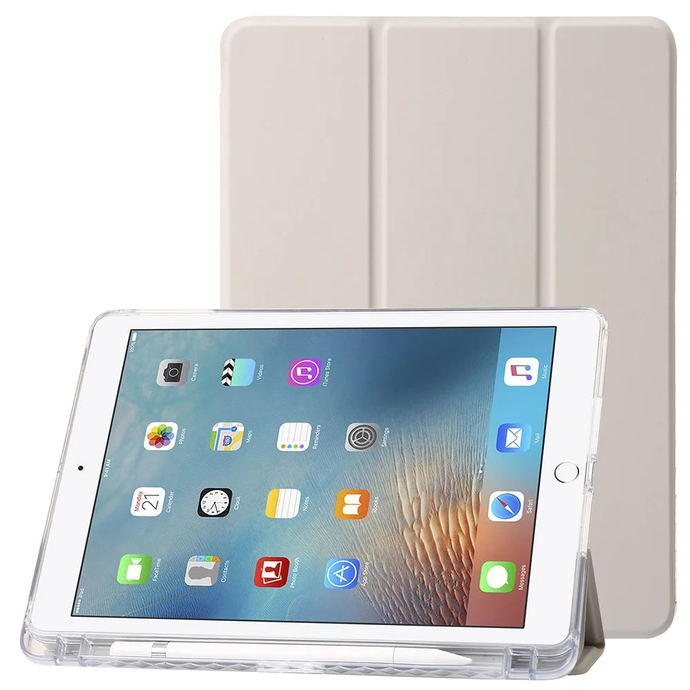 Trifold Stand Tablet Case for iPad Air (2013) / Air 2 / iPad 9.7-inch (2017) / (2018) PU Leather + Clear Acrylic Cover - Beige - 1