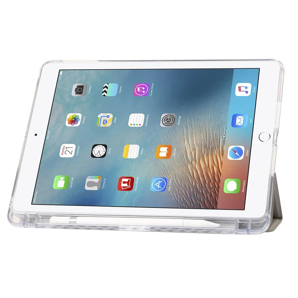 Trifold Stand Tablet Case for iPad Air (2013) / Air 2 / iPad 9.7-inch (2017) / (2018) PU Leather + Clear Acrylic Cover - Beige - 4