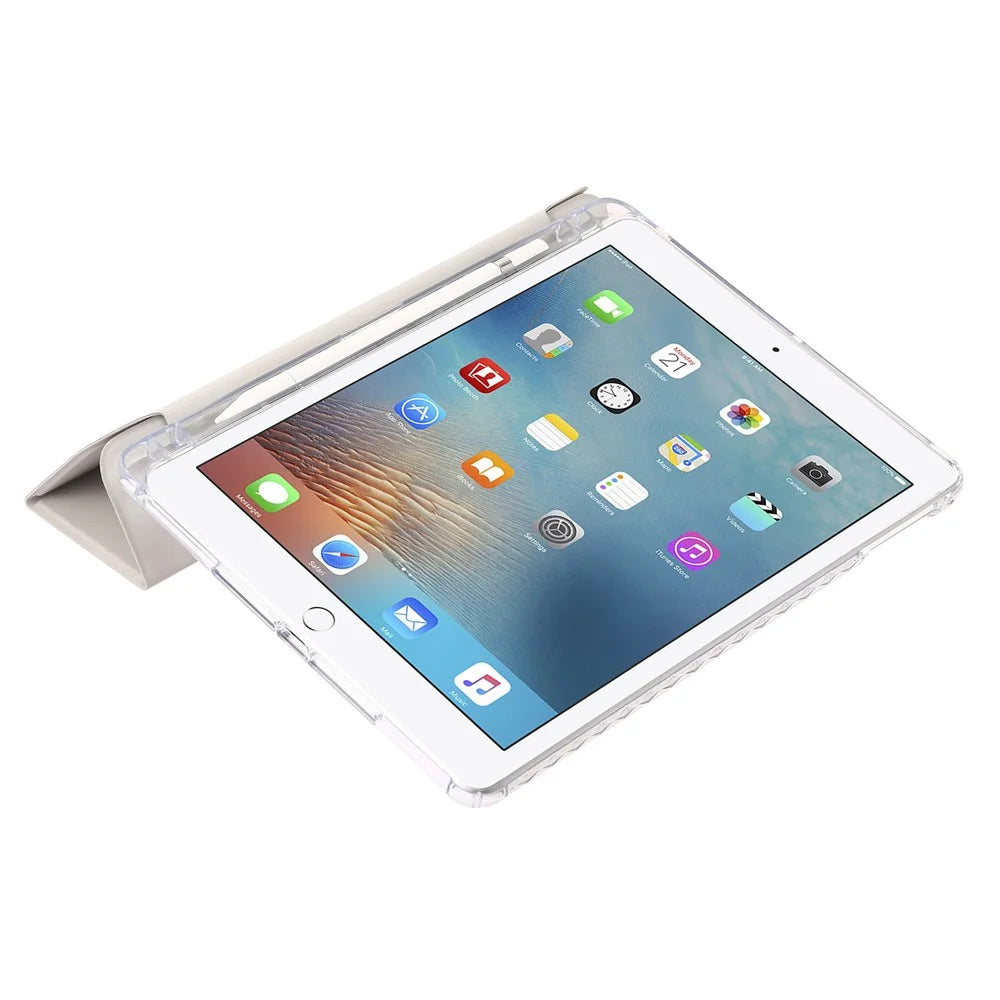 Trifold Stand Tablet Case for iPad Air (2013) / Air 2 / iPad 9.7-inch (2017) / (2018) PU Leather + Clear Acrylic Cover - Beige - 7