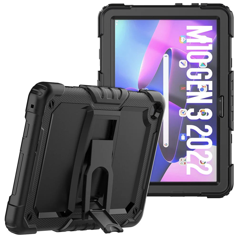 For Lenovo Tab M10 (Gen 3) TB-328F Anti-Scratch Silicone+PC Tablet Case Kickstand Cover with Strap - Black - 1