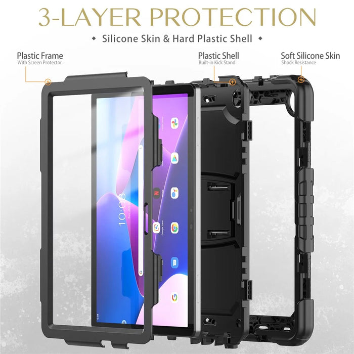 For Lenovo Tab M10 (Gen 3) TB-328F Anti-Scratch Silicone+PC Tablet Case Kickstand Cover with Strap - Black - 6