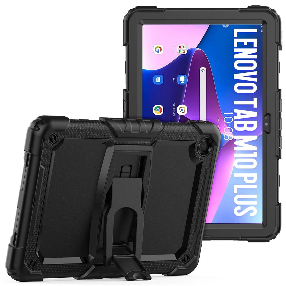 For Lenovo Tab M10 Plus (3rd Gen) 125FU / 128FU / Xiaoxin Pad 2022 10.6 inch Silicone+PC Tablet Cover Kickstand Case with Strap - Black - 1