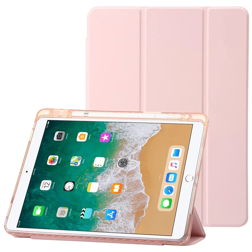 For iPad 10.2 (2021) / (2020) / (2019) Tri-fold Stand Tablet Case PU Leather Transparent Acrylic Tablet Cover - Pink - 1