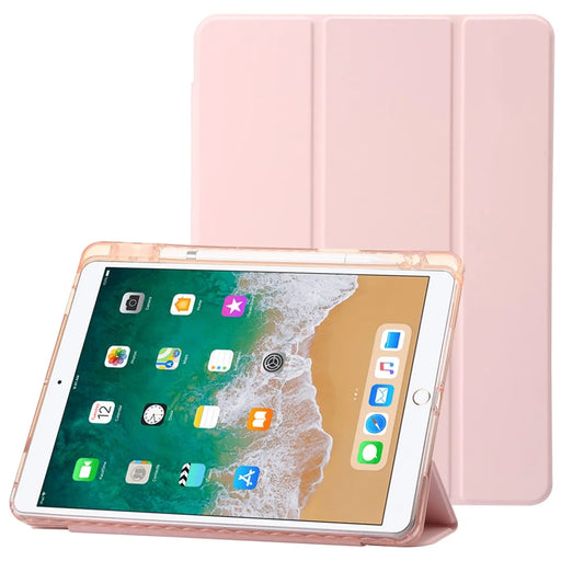For iPad 10.2 (2021) / (2020) / (2019) Tri-fold Stand Tablet Case PU Leather Transparent Acrylic Tablet Cover - Pink - 1