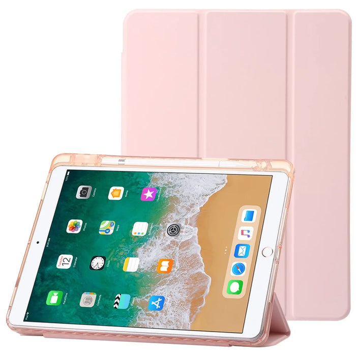 For iPad 10.2 (2021) / (2020) / (2019) Tri-fold Stand Tablet Case PU Leather Transparent Acrylic Tablet Cover - Pink - 1