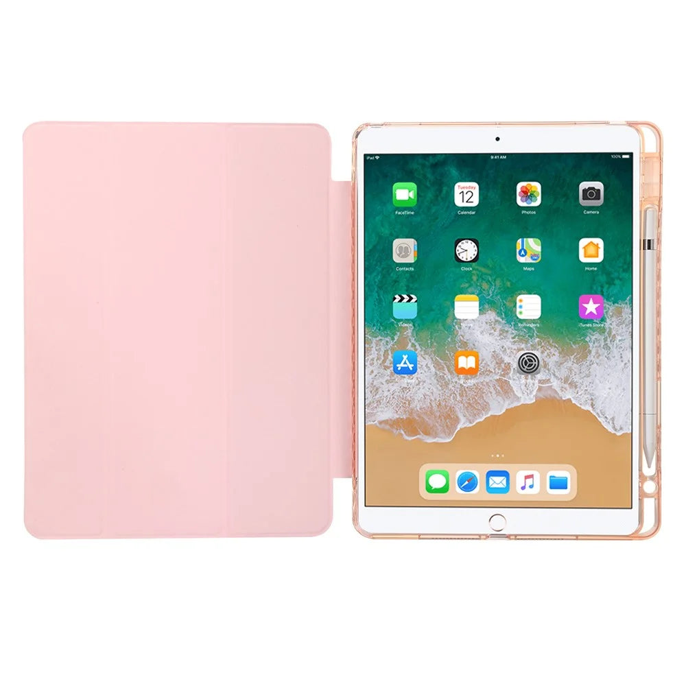 For iPad 10.2 (2021) / (2020) / (2019) Tri-fold Stand Tablet Case PU Leather Transparent Acrylic Tablet Cover - Pink - 2