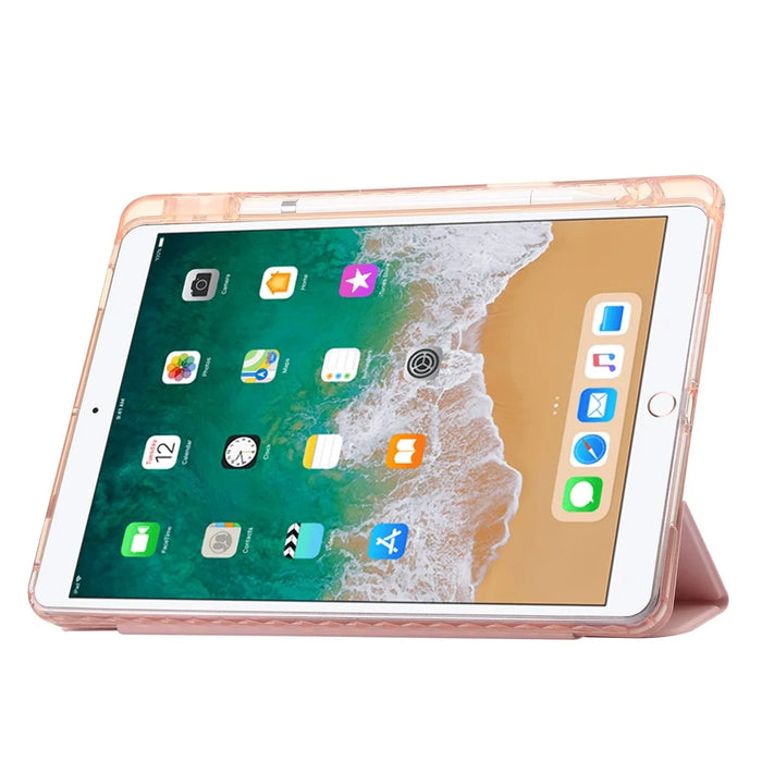 For iPad 10.2 (2021) / (2020) / (2019) Tri-fold Stand Tablet Case PU Leather Transparent Acrylic Tablet Cover - Pink - 3