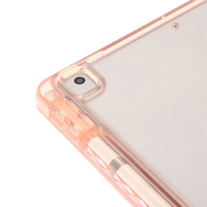 For iPad 10.2 (2021) / (2020) / (2019) Tri-fold Stand Tablet Case PU Leather Transparent Acrylic Tablet Cover - Pink - 4