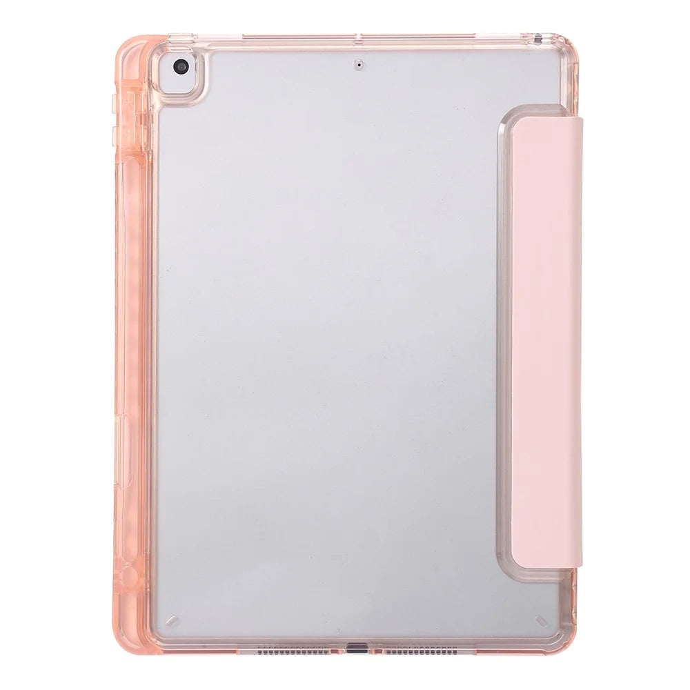 For iPad 10.2 (2021) / (2020) / (2019) Tri-fold Stand Tablet Case PU Leather Transparent Acrylic Tablet Cover - Pink - 6