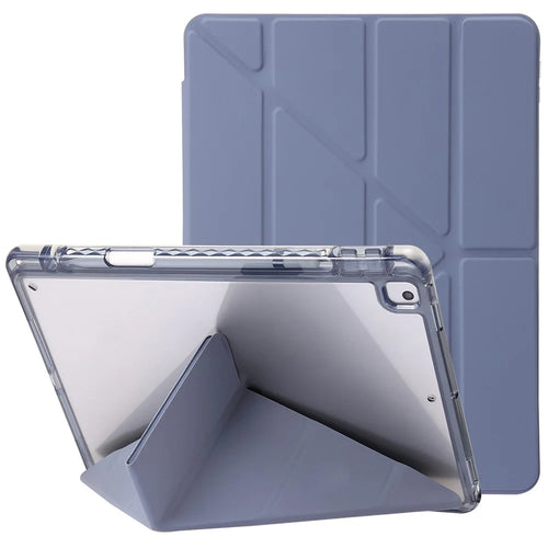 For iPad 10.2 (2021) / (2020) / (2019) Tablet Case Origami Tri-fold Stand PU Leather+Clear Acrylic Cover - Purple - 1