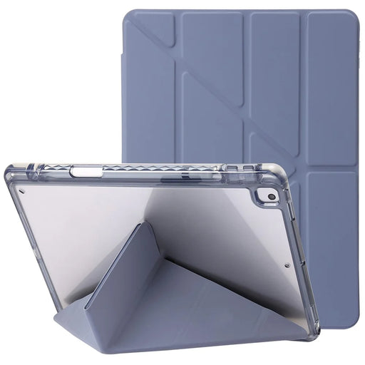 For iPad 10.2 (2021) / (2020) / (2019) Tablet Case Origami Tri-fold Stand PU Leather+Clear Acrylic Cover - Purple - 1