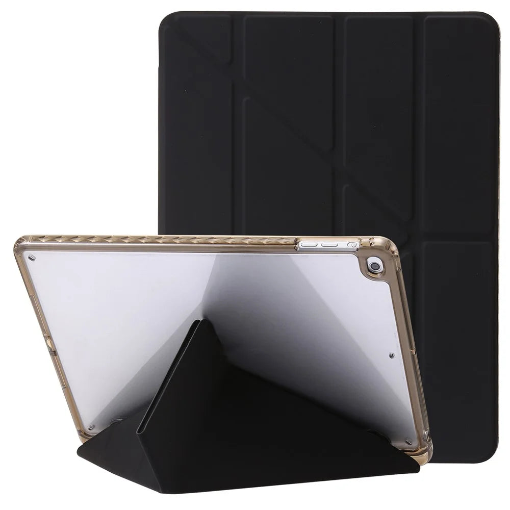For iPad Air (2013) / Air 2 / iPad 9.7-inch (2017) / (2018) Leather+Clear Acrylic Tablet Case Origami Tri-fold Stand Tablet Cover - Black - 1