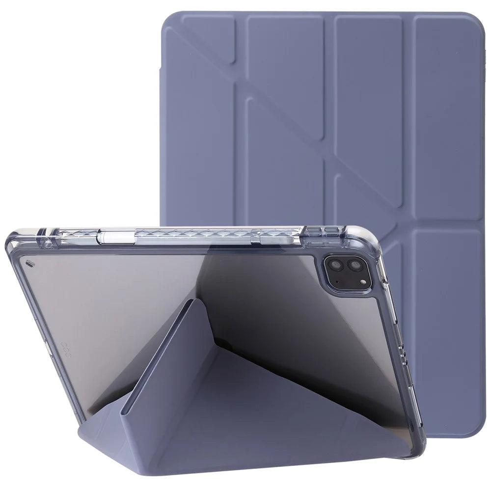 For iPad Pro 12.9 (2022) / (2021) / (2020) / (2018) Origami Tri-fold Stand Case PU Leather Transparent Acrylic Tablet Cover - Purple - 1