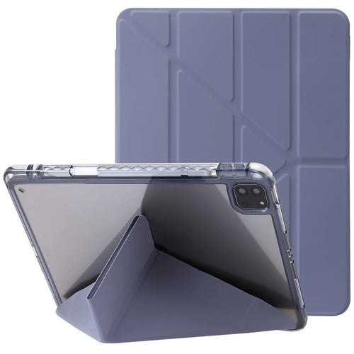 For iPad Pro 12.9 (2022) / (2021) / (2020) / (2018) Origami Tri-fold Stand Case PU Leather Transparent Acrylic Tablet Cover - Purple - 1