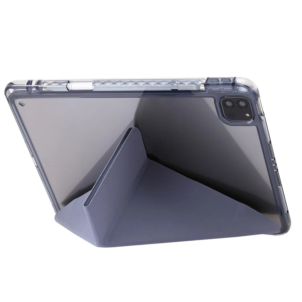 For iPad Pro 12.9 (2022) / (2021) / (2020) / (2018) Origami Tri-fold Stand Case PU Leather Transparent Acrylic Tablet Cover - Purple - 2