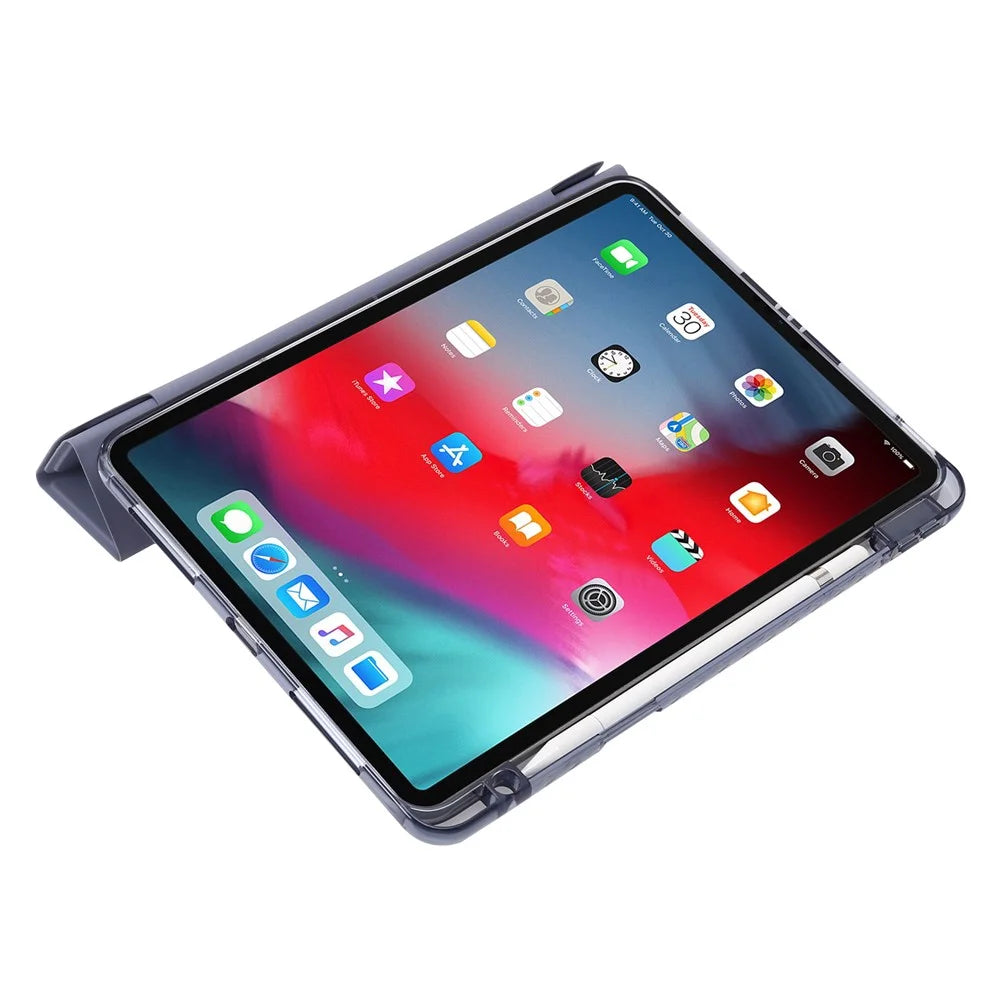 For iPad Pro 12.9 (2022) / (2021) / (2020) / (2018) Origami Tri-fold Stand Case PU Leather Transparent Acrylic Tablet Cover - Purple - 4