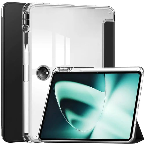 For OnePlus Pad Auto Sleep / Wake Case PU Leather + TPU + Acrylic Stand Transparent Tablet Cover with Pen Slot - Black - 1