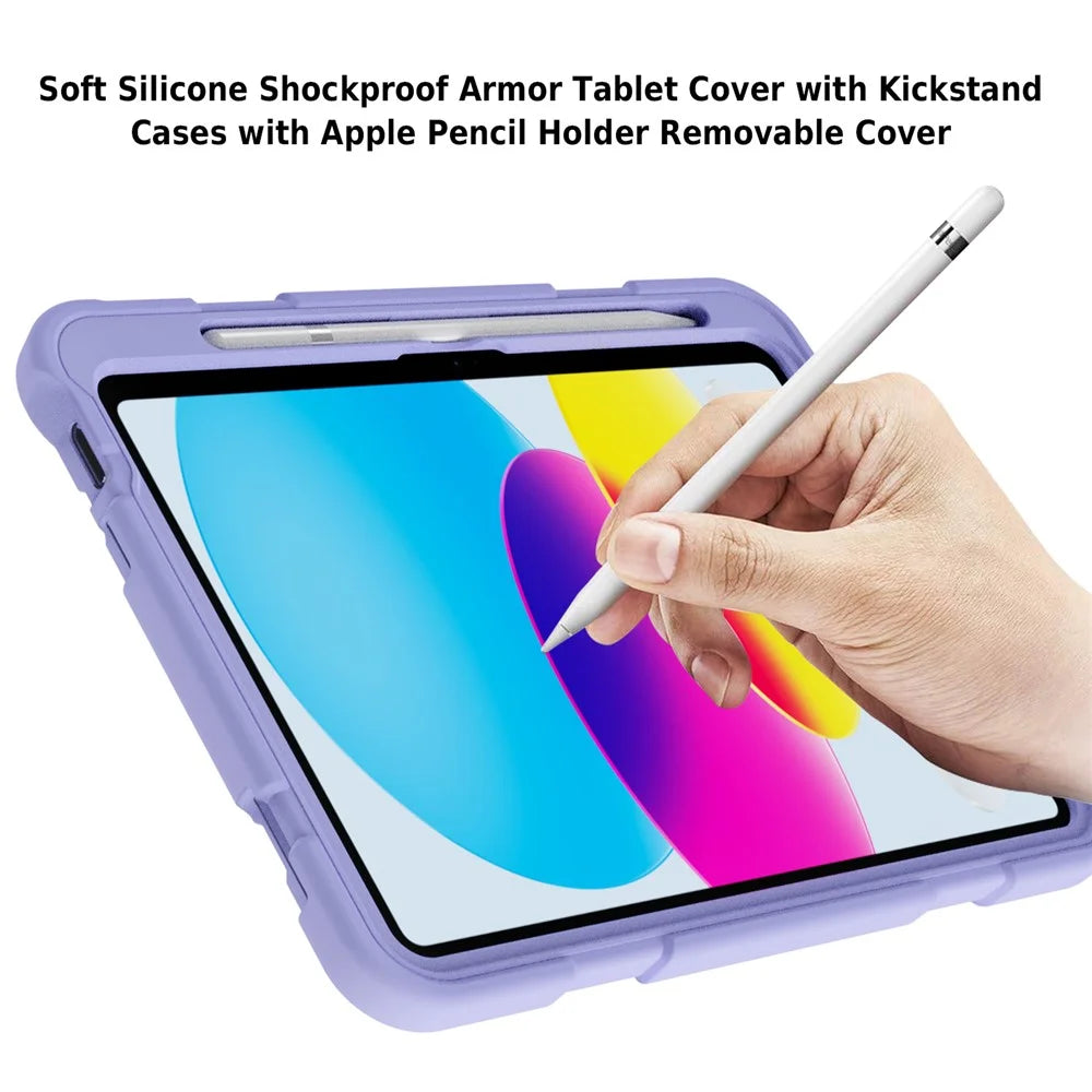 For iPad (2025) / 10.9 (2022) Silicone Protective Cover PC Kickstand Kids Friendly Tablet Case - Light Purple - 3