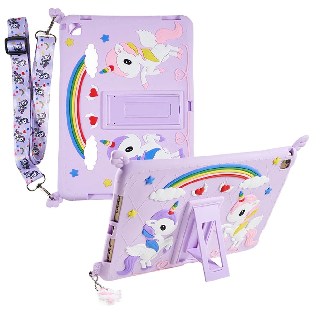 For iPad Air (2013) / Air 2 / iPad 9.7-inch (2017) / (2018) Cute Decor Shockproof Silicone+PC Tablet Cover Kickstand Case with Strap - 1