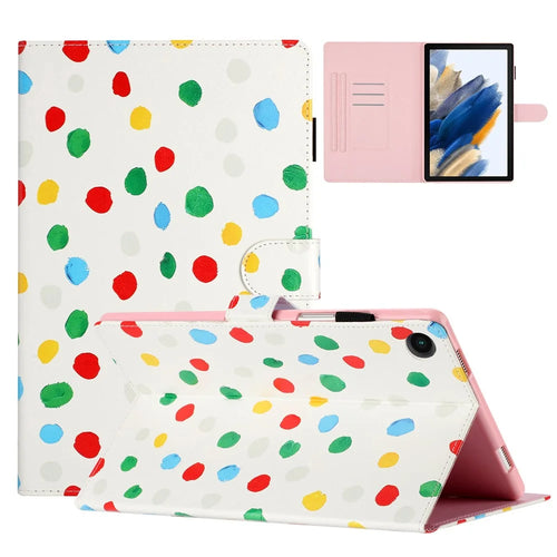 For Samsung Galaxy Tab A8 10.5 (2021) X200 / X205 Dots Pattern PU Leather Stand Case Card Holder Tablet Cover - White / Multi-color Dots - 1