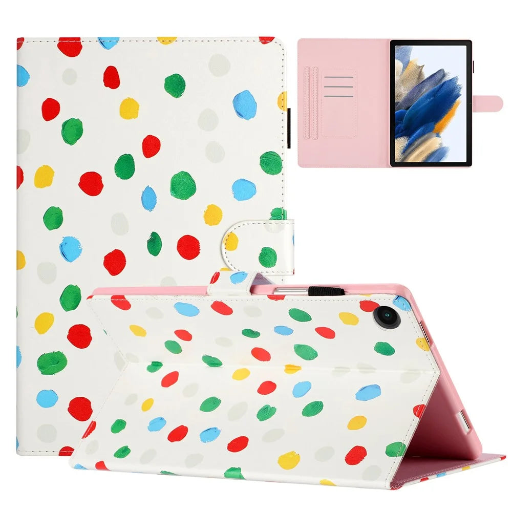 For Samsung Galaxy Tab A8 10.5 (2021) X200 / X205 Dots Pattern PU Leather Stand Case Card Holder Tablet Cover - White / Multi-color Dots - 1
