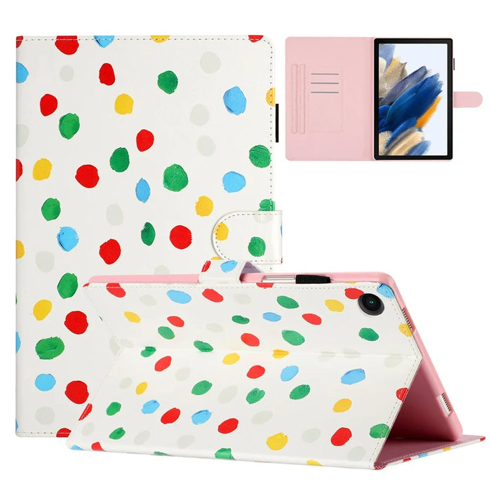 For Samsung Galaxy Tab A8 10.5 (2021) X200 / X205 Dots Pattern PU Leather Stand Case Card Holder Tablet Cover - White / Multi-color Dots - 1