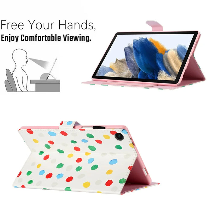 For Samsung Galaxy Tab A8 10.5 (2021) X200 / X205 Dots Pattern PU Leather Stand Case Card Holder Tablet Cover - White / Multi-color Dots - 6