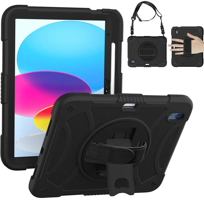 For iPad (2025) / 10.9 (2022) Rotating Kickstand Tablet Case Silicone+PC Anti-Drop Cover with Pencil Holder / Shoulder Strap - Black - 1