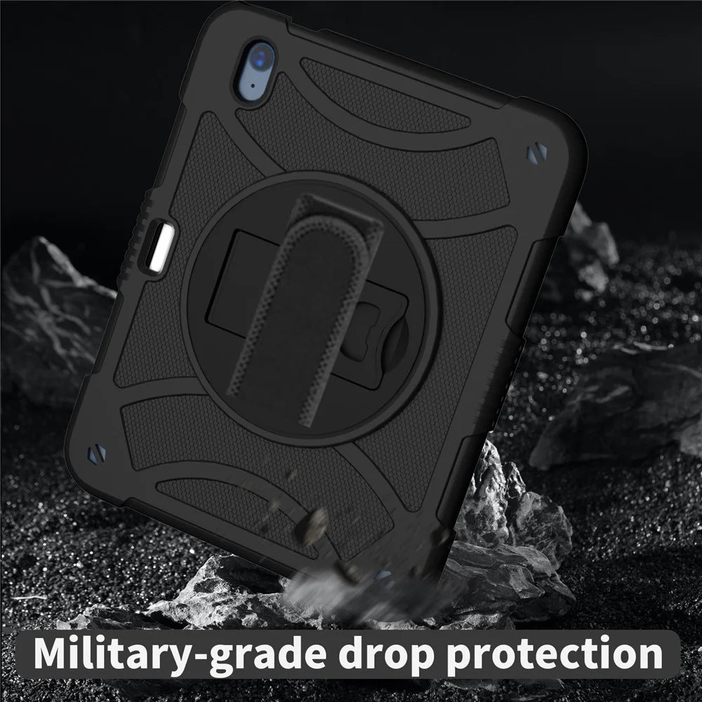 For iPad (2025) / 10.9 (2022) Rotating Kickstand Tablet Case Silicone+PC Anti-Drop Cover with Pencil Holder / Shoulder Strap - Black - 2