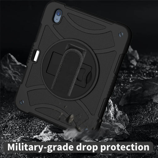 For iPad (2025) / 10.9 (2022) Rotating Kickstand Tablet Case Silicone+PC Anti-Drop Cover with Pencil Holder / Shoulder Strap - Black - 2
