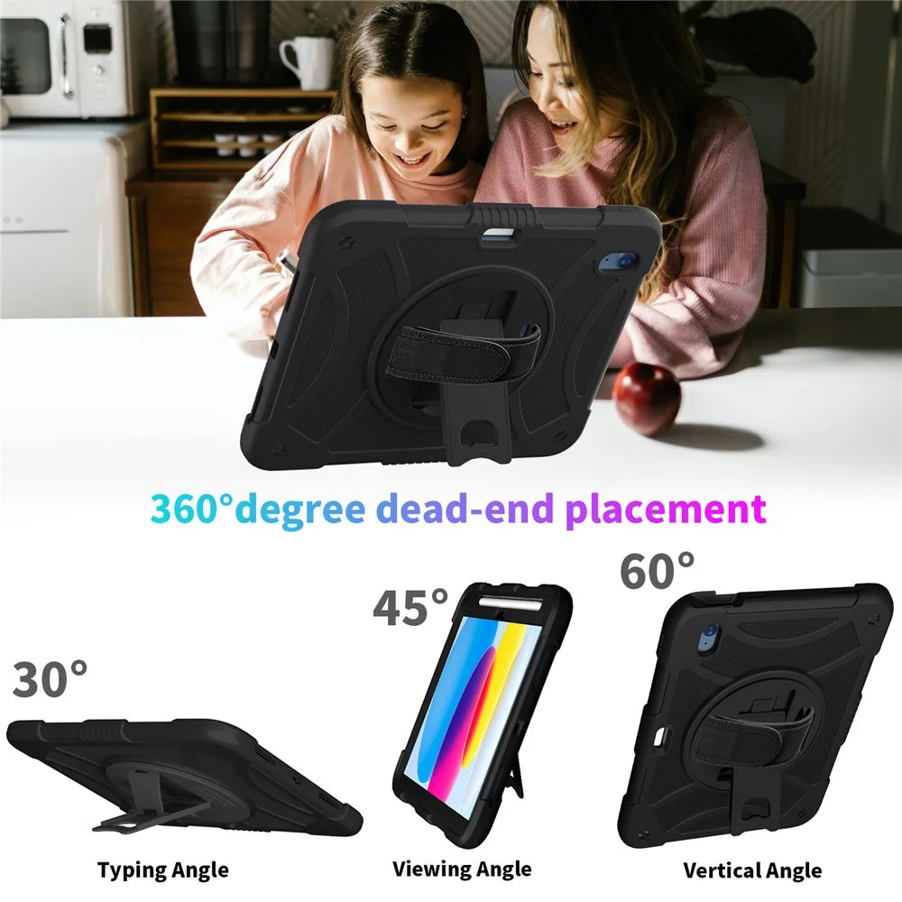 For iPad (2025) / 10.9 (2022) Rotating Kickstand Tablet Case Silicone+PC Anti-Drop Cover with Pencil Holder / Shoulder Strap - Black - 3