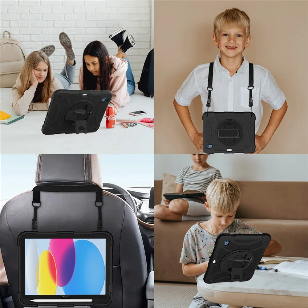 For iPad (2025) / 10.9 (2022) Rotating Kickstand Tablet Case Silicone+PC Anti-Drop Cover with Pencil Holder / Shoulder Strap - Black - 4