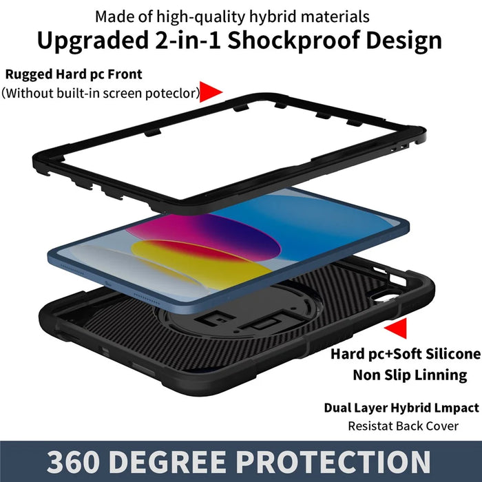 For iPad (2025) / 10.9 (2022) Rotating Kickstand Tablet Case Silicone+PC Anti-Drop Cover with Pencil Holder / Shoulder Strap - Black - 5
