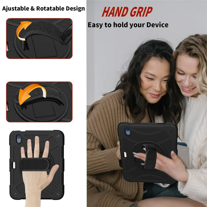 For iPad (2025) / 10.9 (2022) Rotating Kickstand Tablet Case Silicone+PC Anti-Drop Cover with Pencil Holder / Shoulder Strap - Black - 6