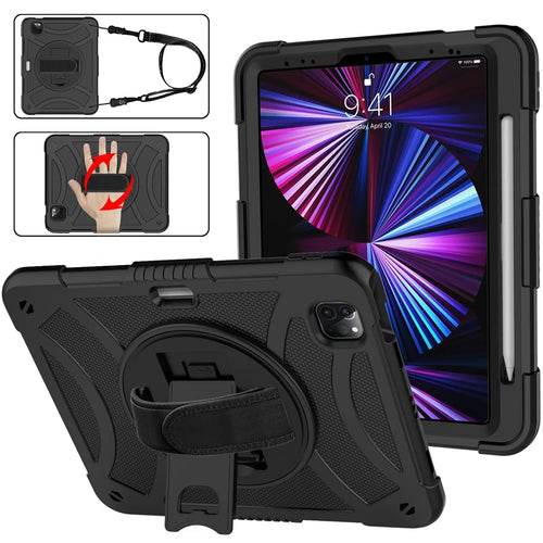 Rotating Kickstand Cover for iPad Pro 11 (2018) / (2020) / (2021) / (2022) / iPad Air (2020) / (2022) , Silicone+PC  Tablet Case with Pencil Holder / Shoulder Strap - Black - 1