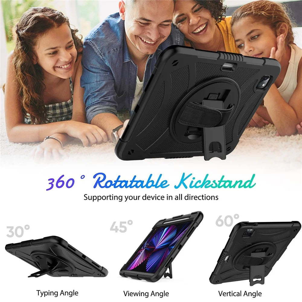 Rotating Kickstand Cover for iPad Pro 11 (2018) / (2020) / (2021) / (2022) / iPad Air (2020) / (2022) , Silicone+PC  Tablet Case with Pencil Holder / Shoulder Strap - Black - 2