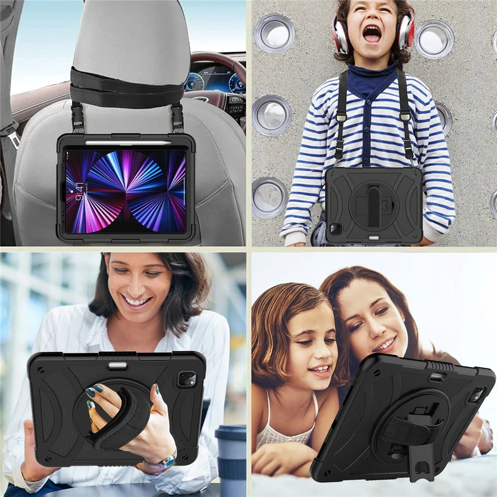 Rotating Kickstand Cover for iPad Pro 11 (2018) / (2020) / (2021) / (2022) / iPad Air (2020) / (2022) , Silicone+PC  Tablet Case with Pencil Holder / Shoulder Strap - Black - 3