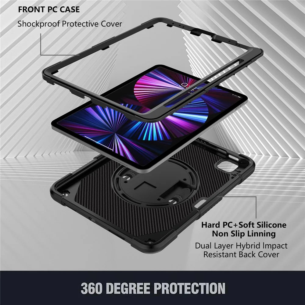 Rotating Kickstand Cover for iPad Pro 11 (2018) / (2020) / (2021) / (2022) / iPad Air (2020) / (2022) , Silicone+PC  Tablet Case with Pencil Holder / Shoulder Strap - Black - 4