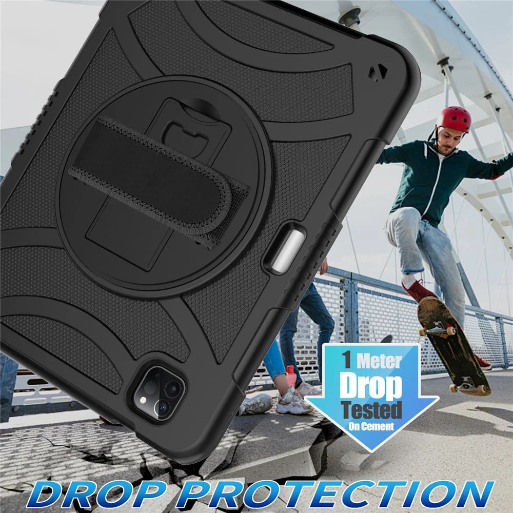 Rotating Kickstand Cover for iPad Pro 11 (2018) / (2020) / (2021) / (2022) / iPad Air (2020) / (2022) , Silicone+PC  Tablet Case with Pencil Holder / Shoulder Strap - Black - 5