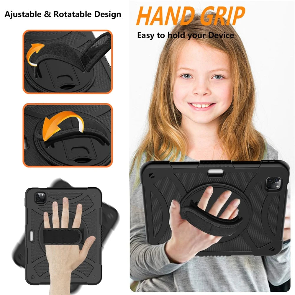 Rotating Kickstand Cover for iPad Pro 11 (2018) / (2020) / (2021) / (2022) / iPad Air (2020) / (2022) , Silicone+PC  Tablet Case with Pencil Holder / Shoulder Strap - Black - 6