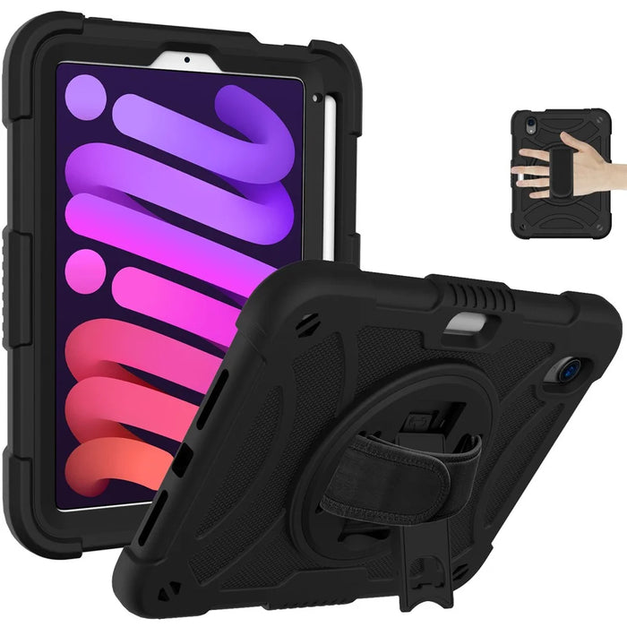 For iPad mini (2024) / mini (2021) Silicone+PC Protective Cover Rotating Kickstand Shockproof Tablet Case with Pencil Holder - Black - 1