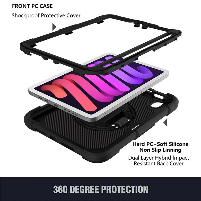For iPad mini (2024) / mini (2021) Silicone+PC Protective Cover Rotating Kickstand Shockproof Tablet Case with Pencil Holder - Black - 3