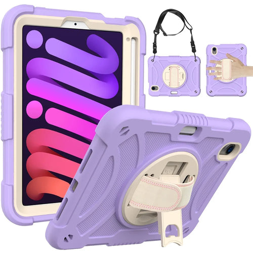 For iPad mini (2024) / mini (2021) Tablet Case Silicone+PC Rotating Kickstand Cover with Pencil Holder / Shoulder Strap - Purple - 1