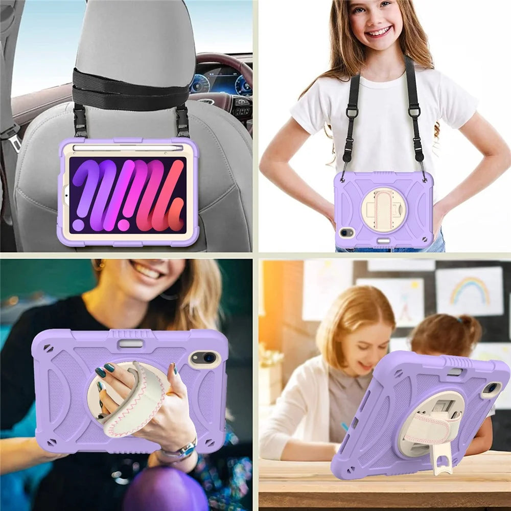 For iPad mini (2024) / mini (2021) Tablet Case Silicone+PC Rotating Kickstand Cover with Pencil Holder / Shoulder Strap - Purple - 5