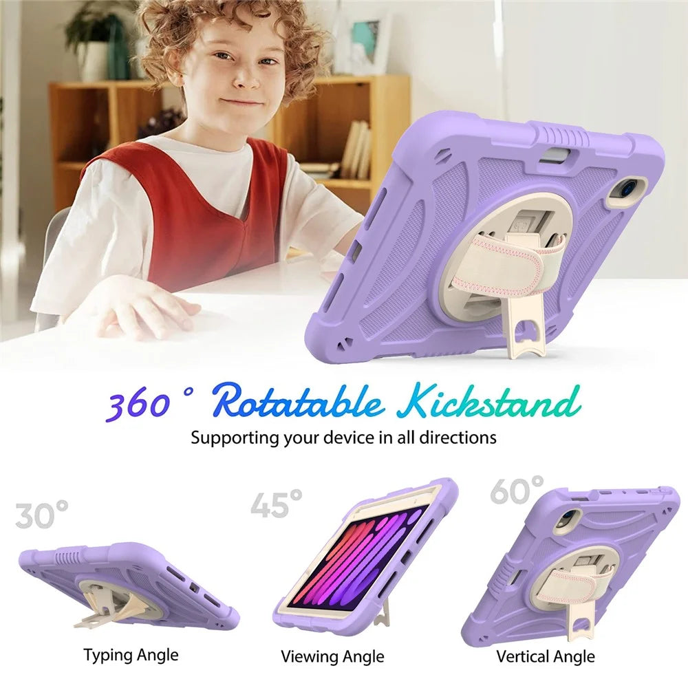 For iPad mini (2024) / mini (2021) Tablet Case Silicone+PC Rotating Kickstand Cover with Pencil Holder / Shoulder Strap - Purple - 6