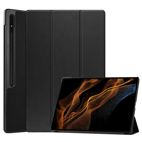 For Samsung Galaxy Tab S8 Ultra Tri-fold Stand Tablet Case Auto Wake / Sleep Leather Tablet Cover - Black - 1